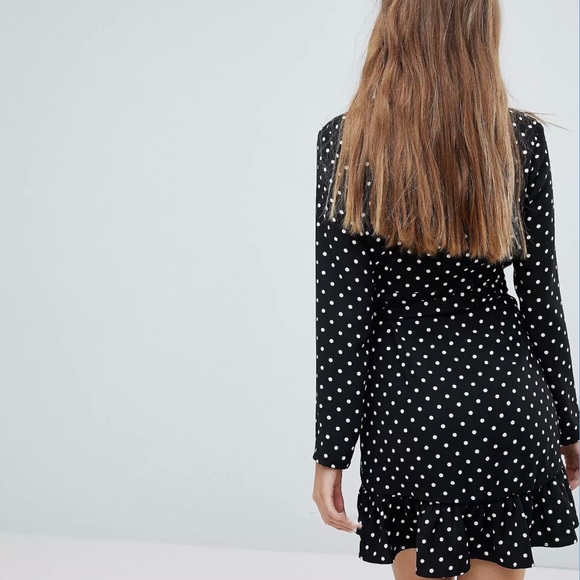 ASOS Bershka Polka Dot Long Sleeve Mini Wrap Dress - Picture 4 of 8